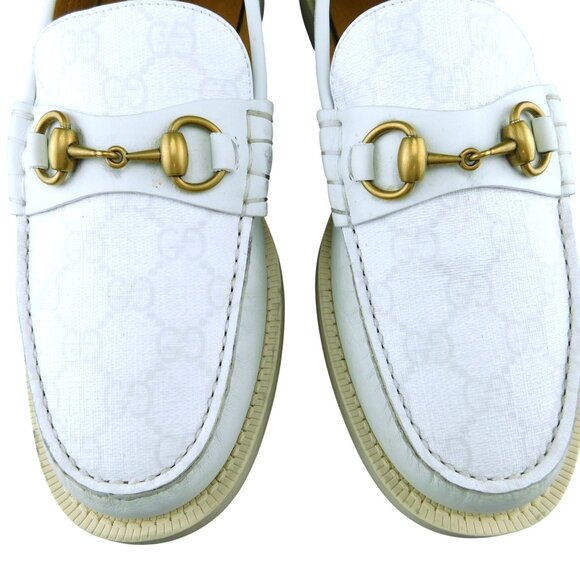 GUCCI GG Logo Monogram White Leather Signature Horse Bit Slip-on Boat Shoes 8 UK - Picture 3 of 11